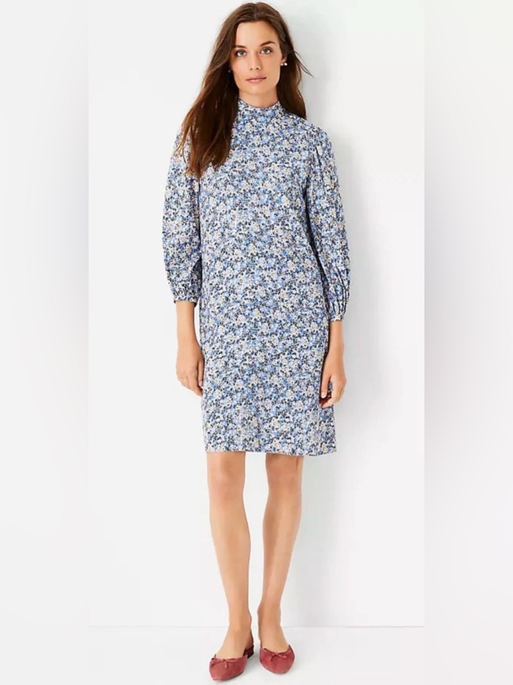 ANN TAYLOR Floral Mock Neck Shift Dress Blue Cream White Sz 10